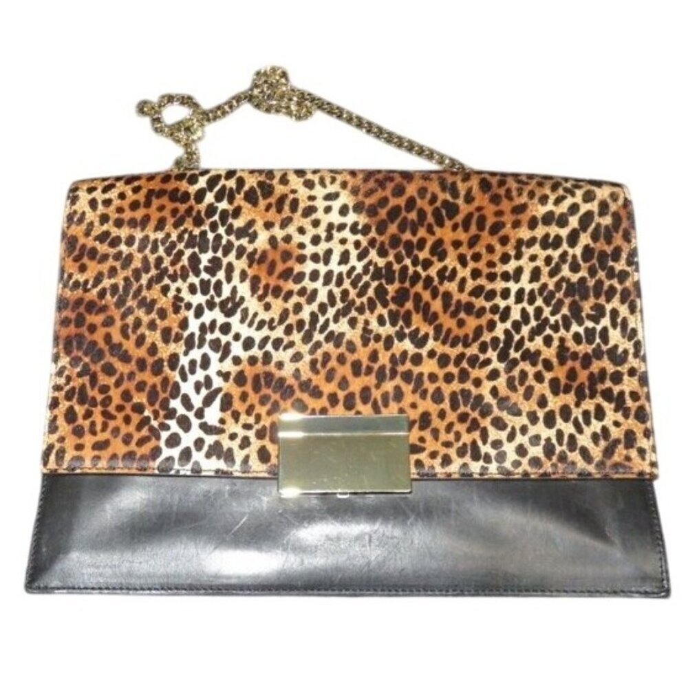 Vince Camuto Leopard Print Black Italian Leather Handbag Crossbody w/ chain